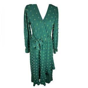 ⭐️ 3/$15 Green Faux Wrap Dress with Ruffled Hem and PomPom Polka Dots Size S
